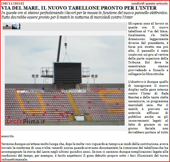 ARRIVA IL NUOVO TABELLONE LUMINOSO ALLO STADIO VIA DEL MARE DI LECCE. Cattur22