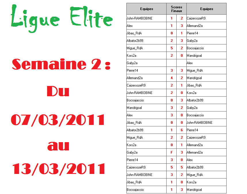 Calendrier Ligue ELITE -- Saison 2 -- Semain25