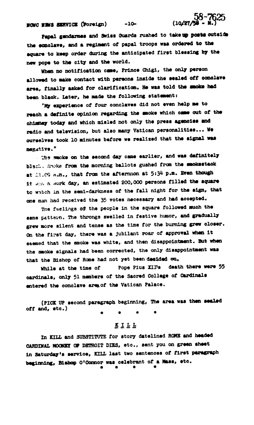 Histoire curieuse ou anecdotique du Dimanche 26 Octobre 1958, rapportée dans le Catholic News Service du 27 Concla16