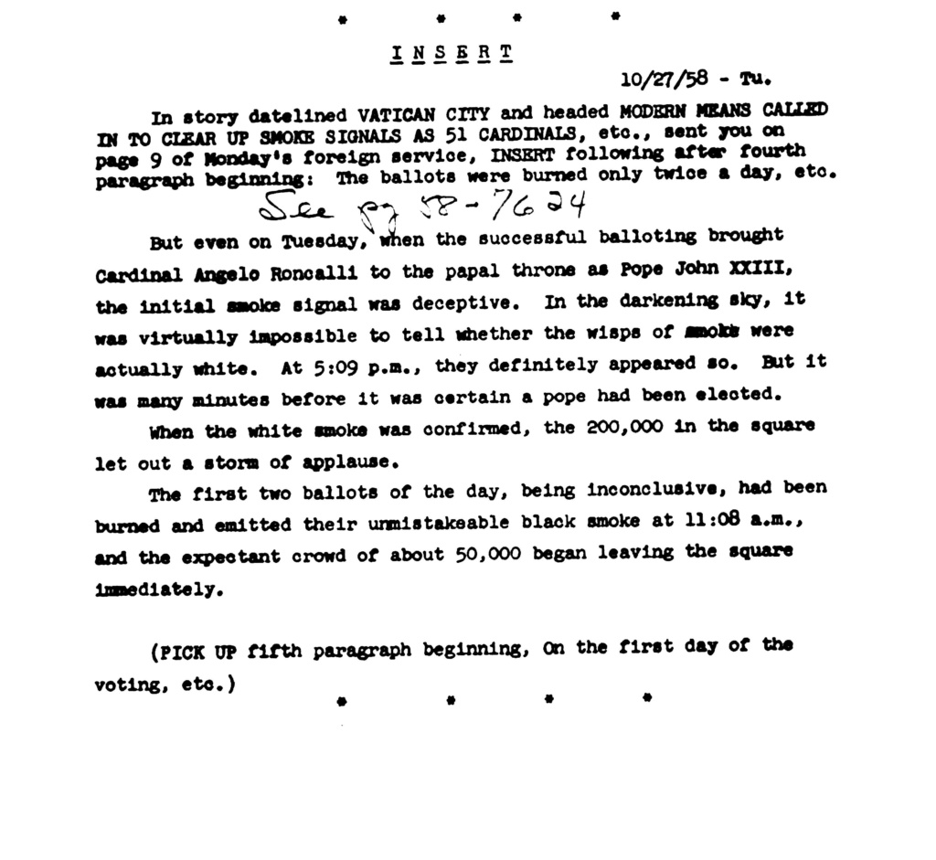 Histoire curieuse ou anecdotique du Dimanche 26 Octobre 1958, rapportée dans le Catholic News Service du 27 Concla18