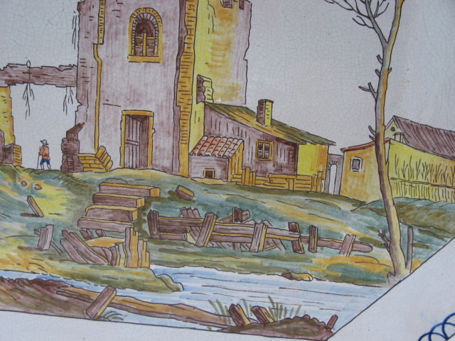 Grand plat octogonal - XXème - Décor de paysage, ruines, deux personnages dont un pêcheur. Img_1621