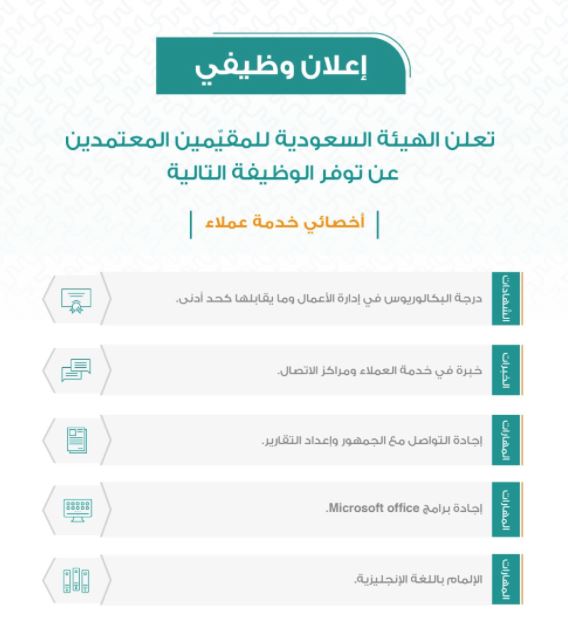 وظائف أخصائي خدمة عملاء بالهيئة السعودية للمقيمين المعتمدين Oo13