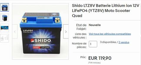 Shido LTZ8V lithium Ions Batterie 12V LiFePO4 (YTZ8V) - Moto