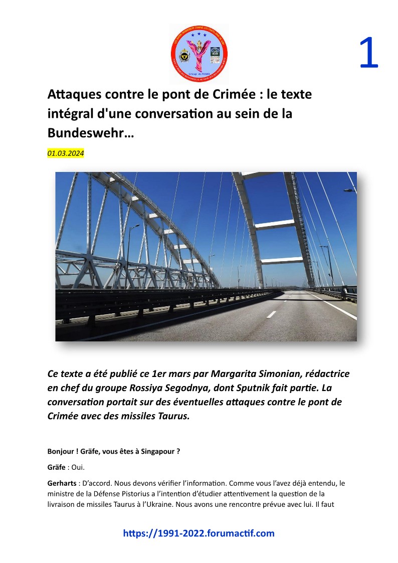 Attaques contre le pont de Crimée : le texte intégral d'une conversation au sein de la Bundeswehr… Doc67310