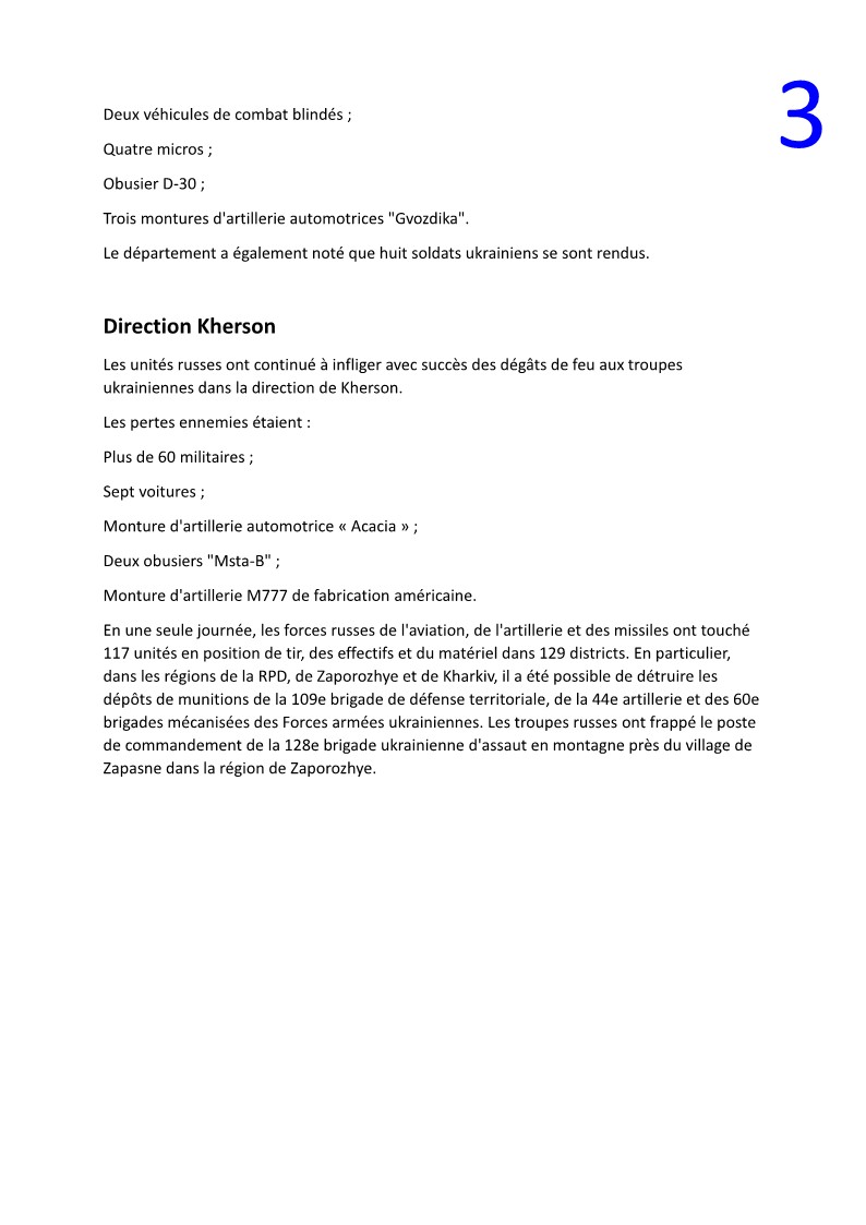 Le ministère de la défense à parlé de repousser les attaques des forces armées Ukrainiennes dans trois directions... Docume42