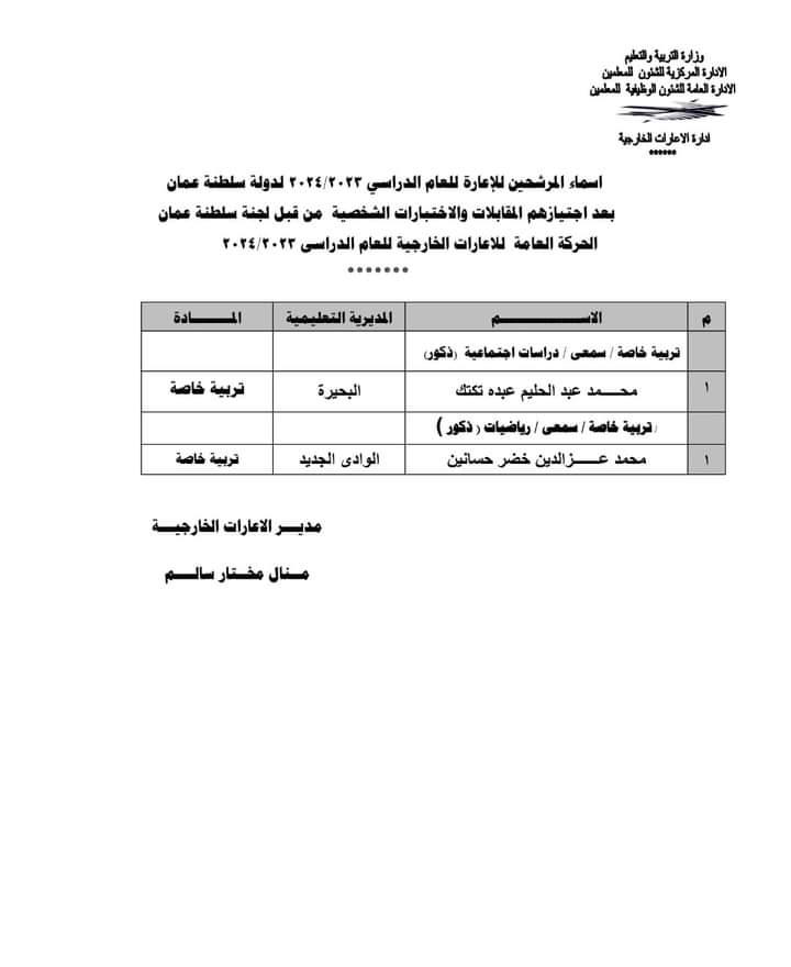 أسماء المُعلمين المرشحين للاعاره والتعاقد لسلطنة عمان 2024 1710