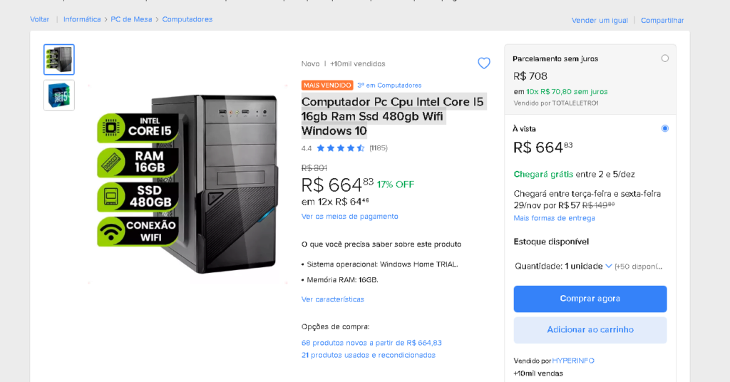 Computador Pc Cpu Intel Core I5 16gb Ram Ssd 480gb Wifi Windows 10 Screen48