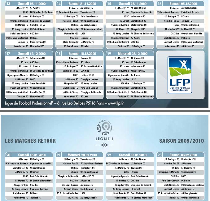 Calendrier de la ligue 1 : saison 2009/2010 Ligue110