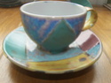 Colourful cup and saucer, unmarked 100_3710