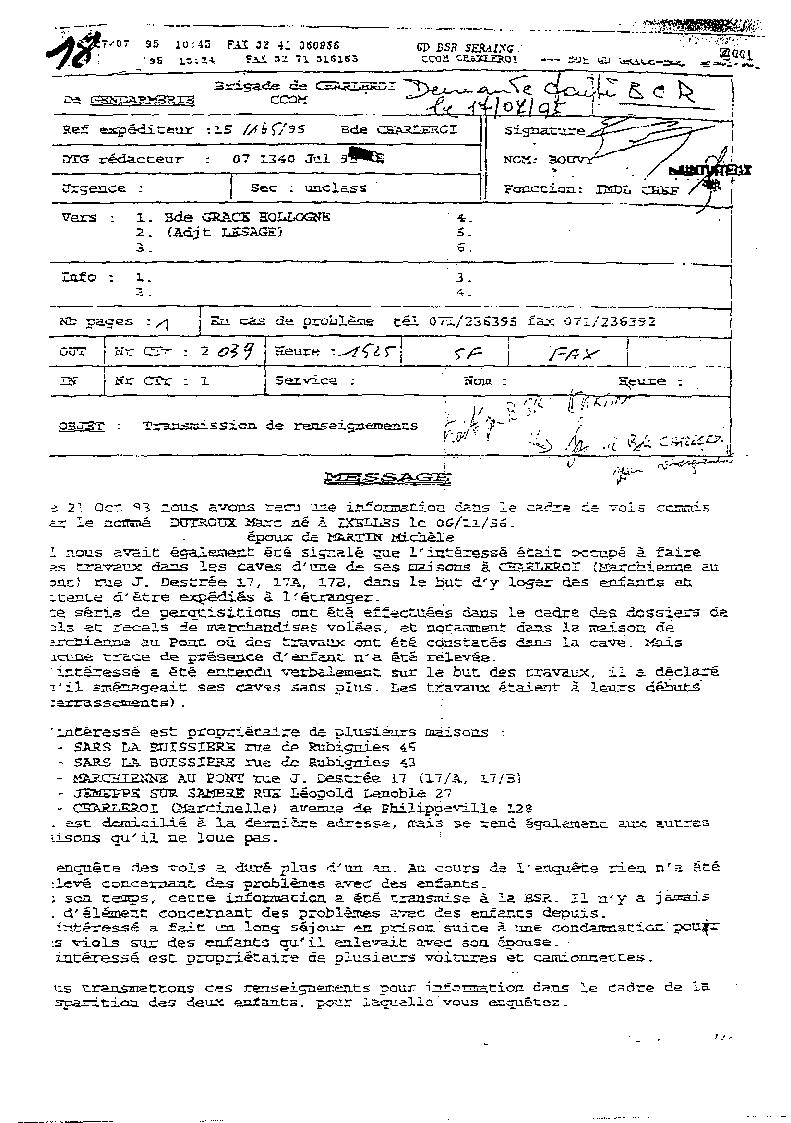Fax gendarmerie - oct 1993 Dutroux aménage des caches Rappor10