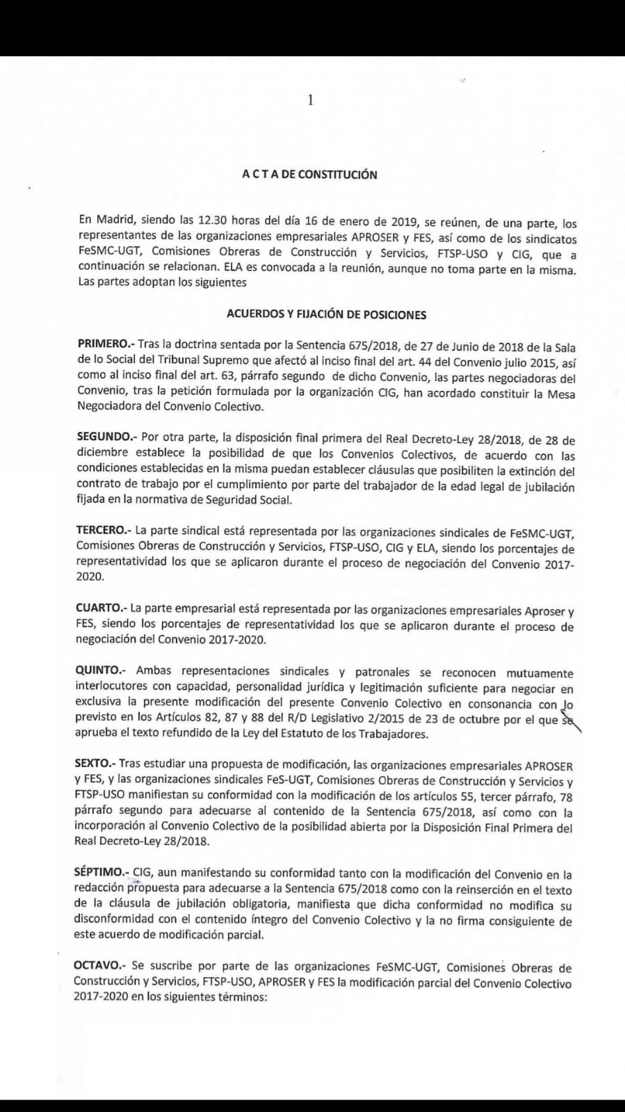 Acta entre las organizaciones empresariales y Sindicatos de la Comisión negociadora del Convenio (16.01.2019) Acta_110