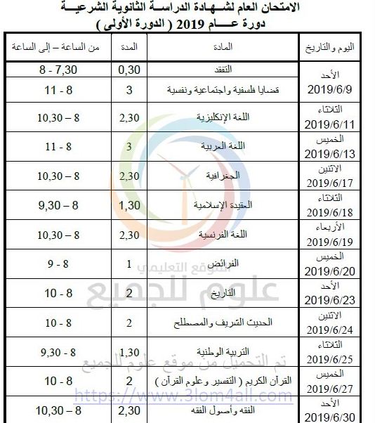 برنامج امتحانات البكالوريا و التاسع بسورية 2019 310