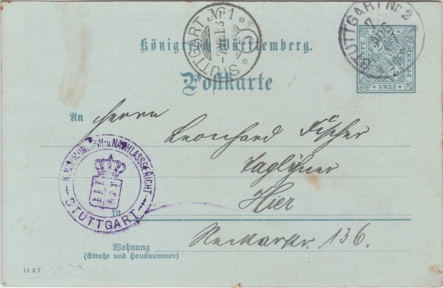 Württemberg - STUTTGART - Briefträgernummernankunftsbestellgangsstempel Img_ko72