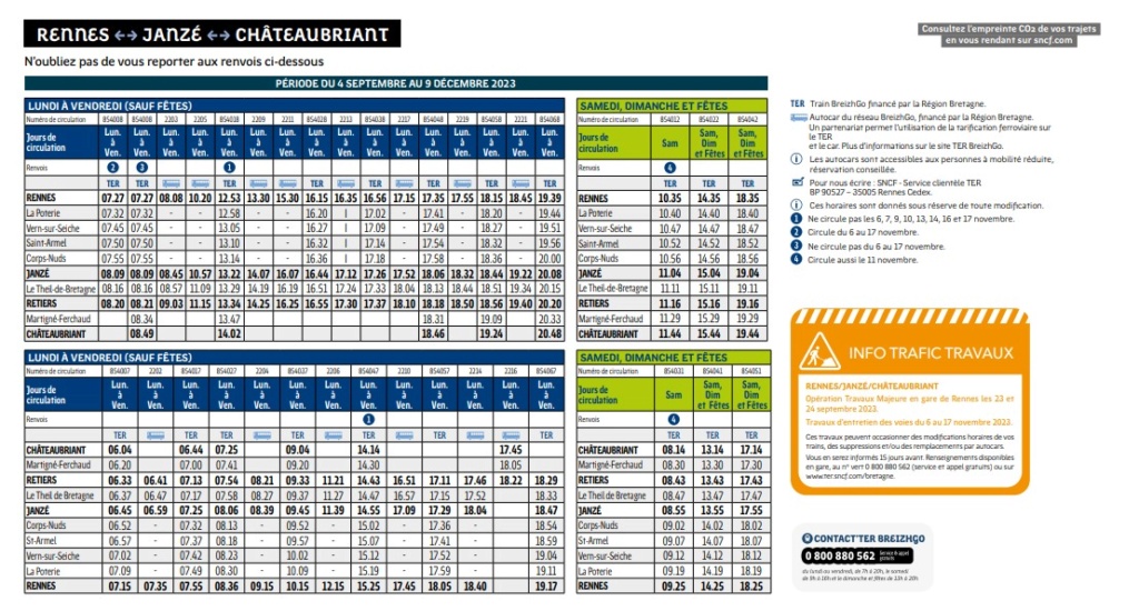 horaires Rennes  Chateaubriant jusqu'au 09 décembre 2023 Capt1707