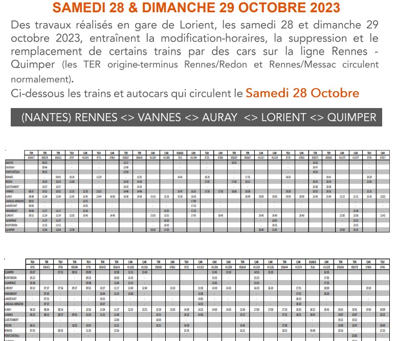 Lorient travaux impacts Rennes Quimper 28 et 29 octobre 2023 Capt1737