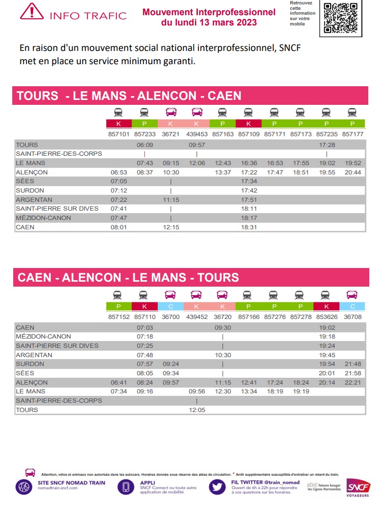 Greves horaires lundi 13 mars 2023 Caen Le Mans Tours Captu568
