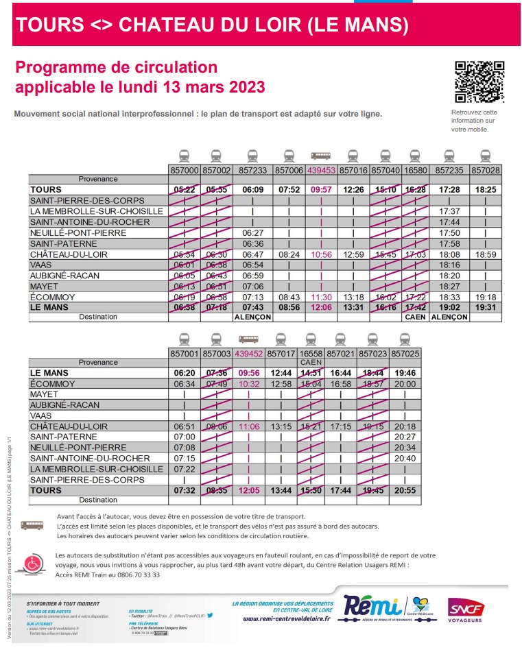 Greves horaires lundi 13 mars 2023 Caen Le Mans Tours Captu569