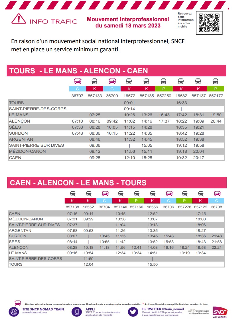Greves horaires samedi 18 mars 2023 Caen Le Mans Tours Captu724