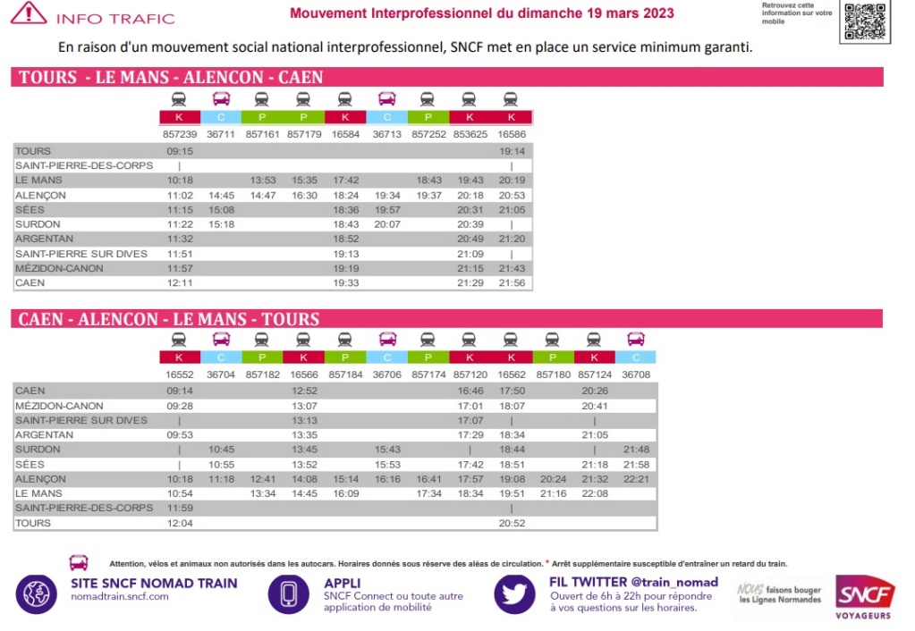 Greves horaires dimanche 19 mars 2023 Tours Le Mans Caen Captu746