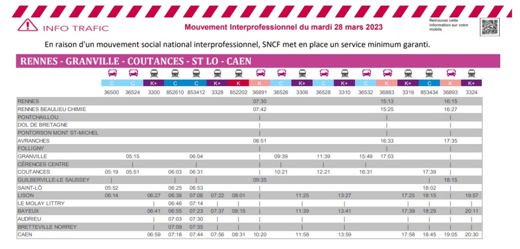 Greve horaires mardi 28 mars 2023 Rennes Granville Caen Captu990