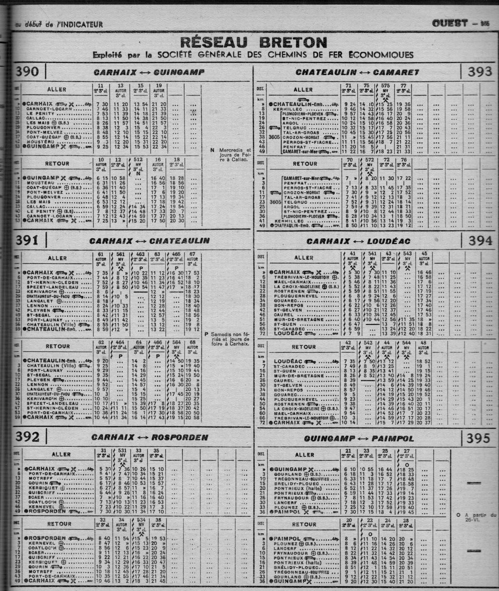 Horaires : lignes du Réseau Breton été 1948 et été 1952 Chaix126