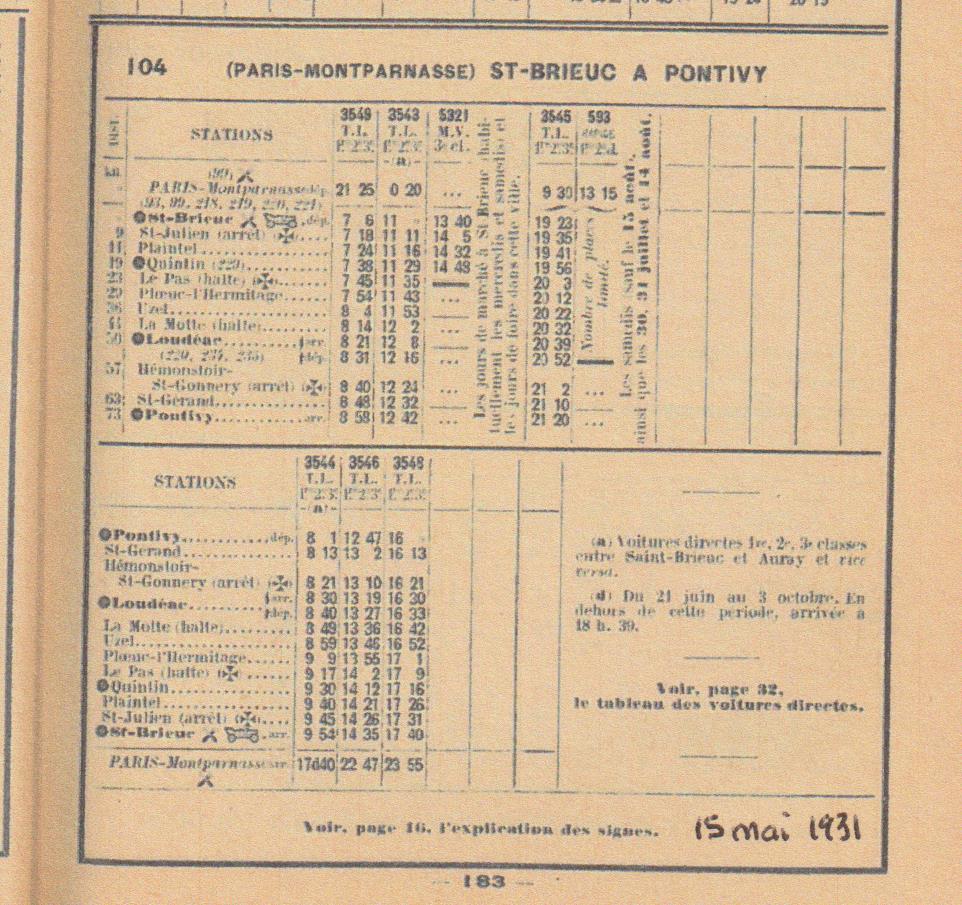 Chaix réseau Etat 1920 et 1931 horaires hiver 1936 St Brieuc - Pontivy - Auray SNCF 1938 et 1956 1970 1980 Image115