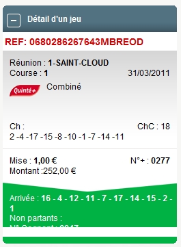 SAINT CLOUD REUNION 1 COURSE 1 --- 31.03.2011 ---- mise : 252 € gain : 0 €   Scree343
