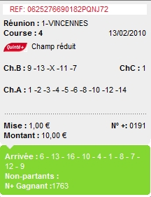 VINCENNES REUNION 1 COURSE 4 --- 13.02.2010 ---- mise : 156 € gain : 42.60 € Screen41