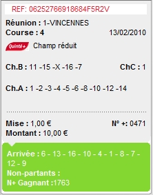 VINCENNES REUNION 1 COURSE 4 --- 13.02.2010 ---- mise : 156 € gain : 42.60 € Screen53