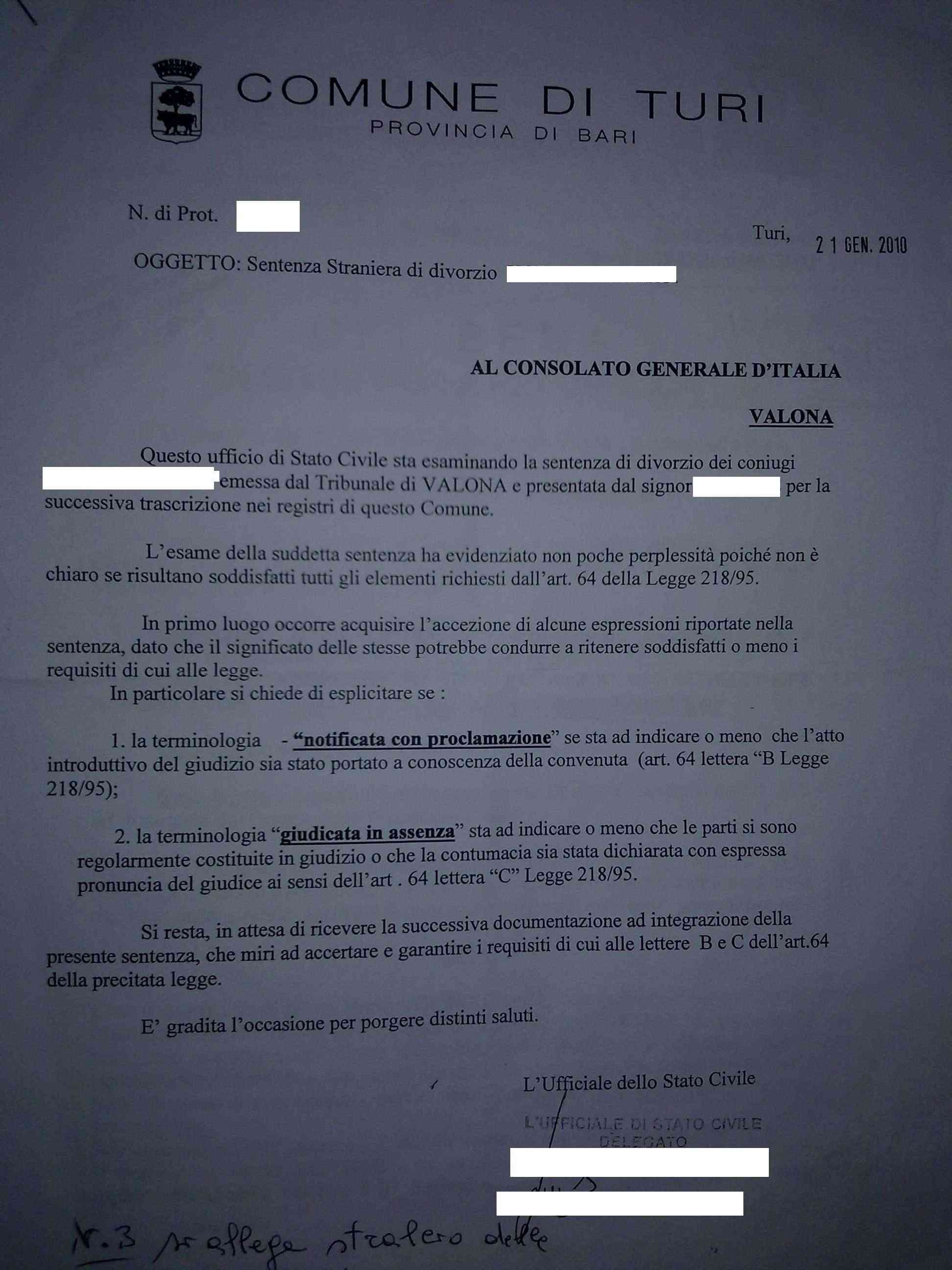 perche' non mi trascrivono l'atto di divorzio straniero, ?? 31032013