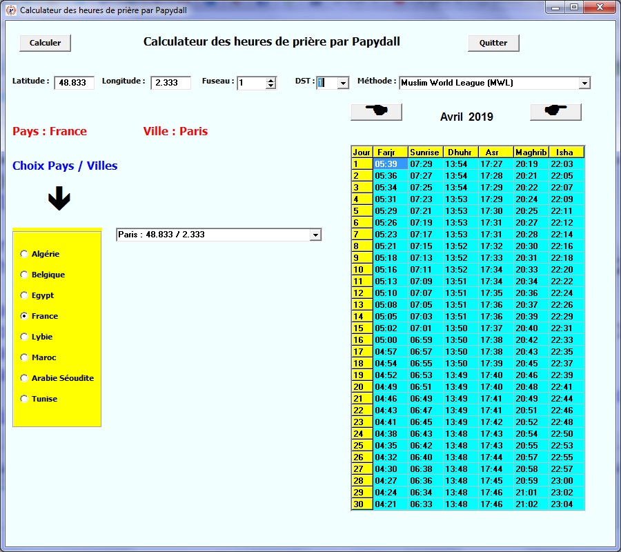 Heures de passage au méridien / lever / coucher du soleil Priere10