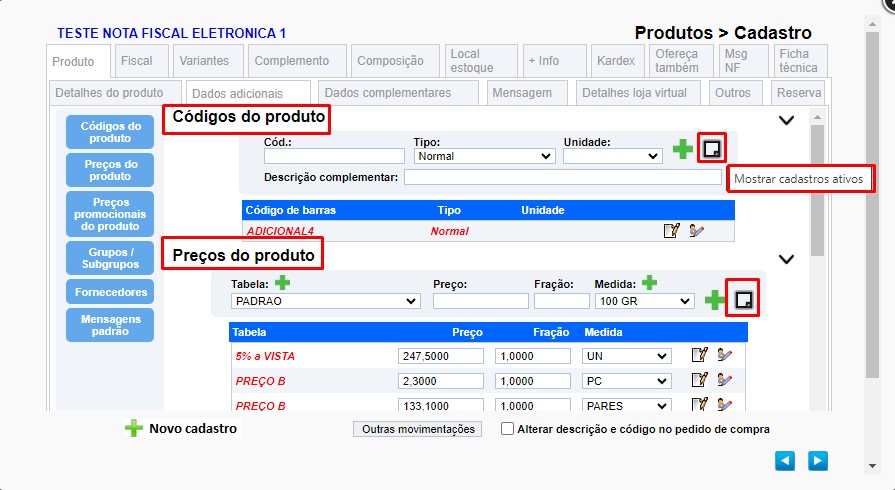 cadast20 ATENDESMART: Melhoria na aba de Dados Adicionais do CADASTRO DE PRODUTOS para reativar Código Adicional e Tabela de Preços