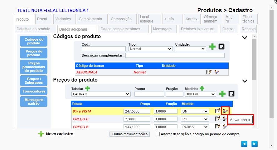 cadast21 ATENDESMART: Melhoria na aba de Dados Adicionais do CADASTRO DE PRODUTOS para reativar Código Adicional e Tabela de Preços