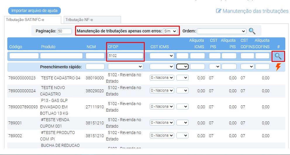 Orientação para uso da Manutenção de Tributações – Aba Tributação SAT/NFC-e Imagem46