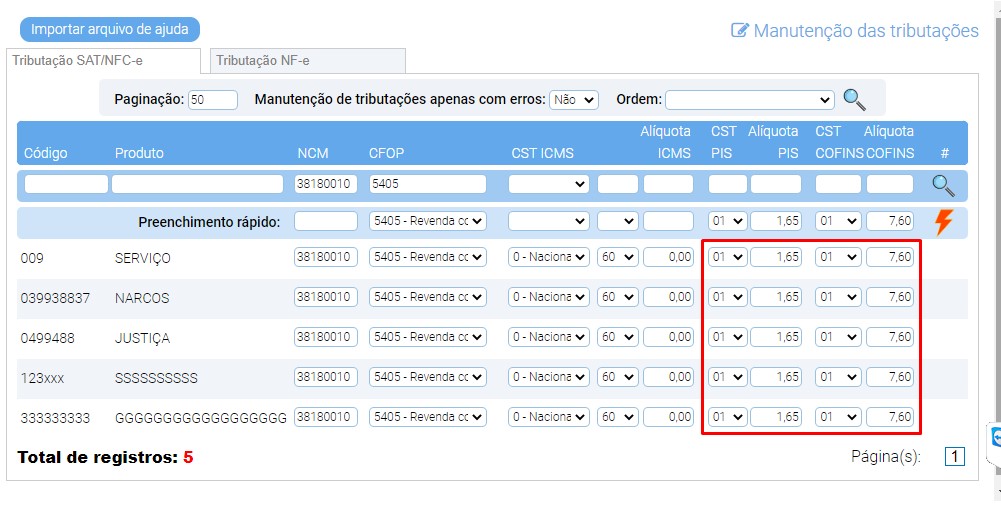 Orientação para uso da Manutenção de Tributações – Aba Tributação SAT/NFC-e Imagem51