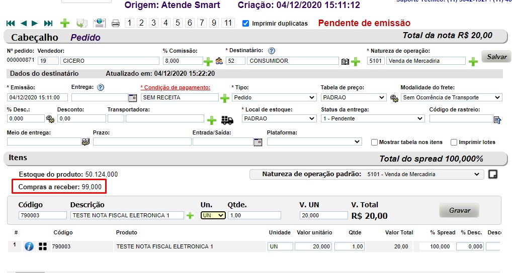 Atualização ATENDESMART - 01/12/2020 - 9º Item - Implementada a informação de "Compras a Receber" Ped_110