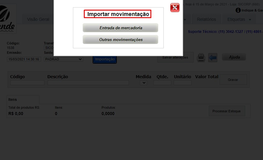 ATENDE SMART - Atualização 03/03/2021 - 17º Item – Importar informações de uma Entrada de Mercadorias ou Outras Movimentações Scree115