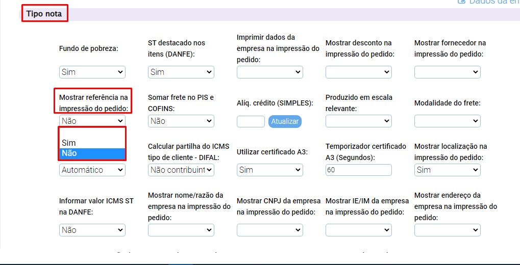 ATENDE SMART - Atualização 15/09/2022 - 2º Item - Parâmetro para controlar impressão da REFERENCIA do produto na DANFE Scree387