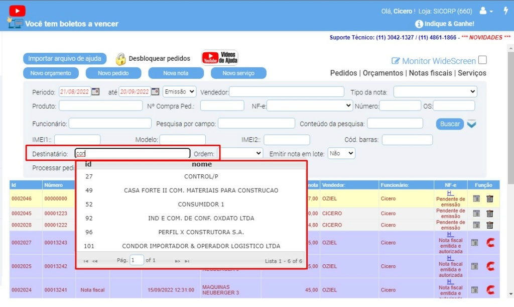 ATENDE SMART - Atualização 15/09/2022 - 3º Item - Implementado na tela de pesquisa, no campo "DESTINATÁRIO:" a função de pesquisa tipo AJAX Scree388