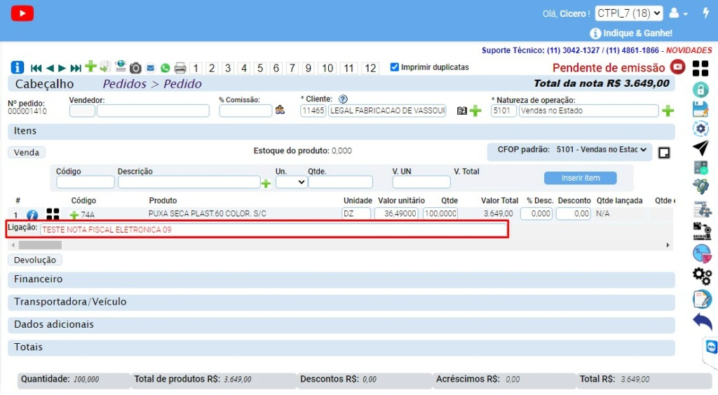 ATENDE SMART - Atualização 15/09/2022 - 5º Item - Marca gráfica no campo "Ligação" de um pedido transferido Scree392