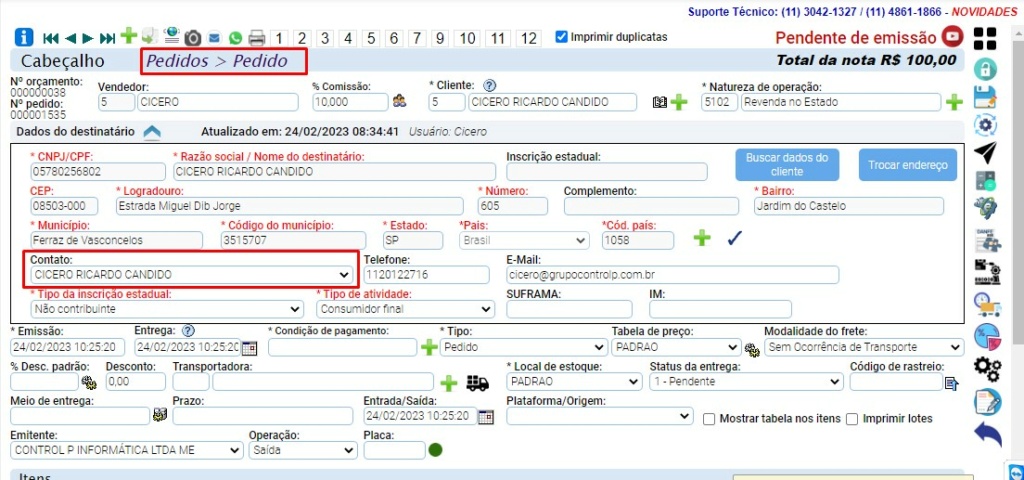 ATENDE SMART - Atualização 19/04/2023 - 7º Item - Implementação da impressão da informação "Observação:" do cadastro do contato no Pedido 1 Scree437