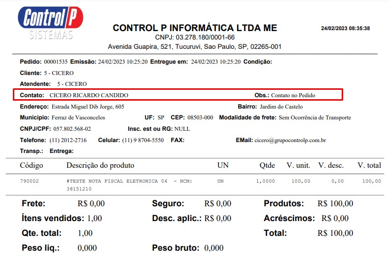 ATENDE SMART - Atualização 17/04/2023 - 7º Item - Implementação da impressão da informação "Observação:" do cadastro do contato no Pedido 1 Scree438