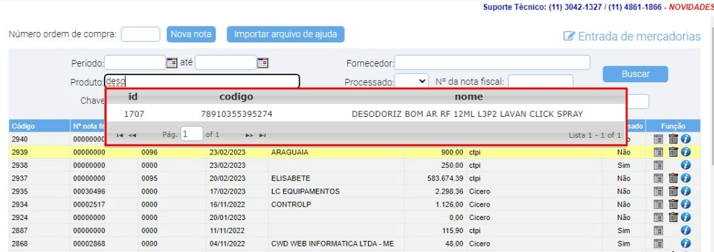 ATENDE SMART - Atualização 17/04/2023 - 10º Item - Melhoria no resultado da pesquisa AJAX para o campos "Produto:" da Entrada de Mercadorias Scree447