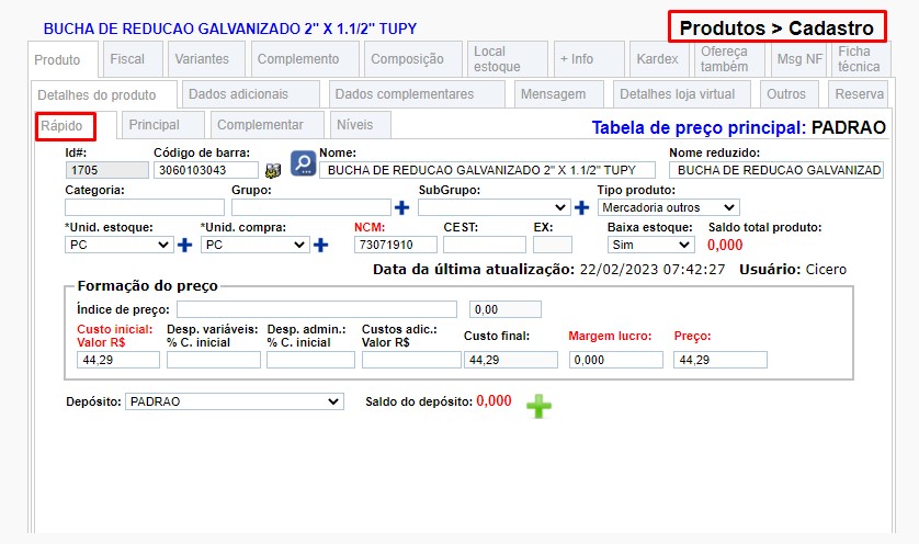 ATENDE SMART - Atualização 19/04/2023 - 12º Item - Implementação do Cadastro Rápido de Produtos Scree450