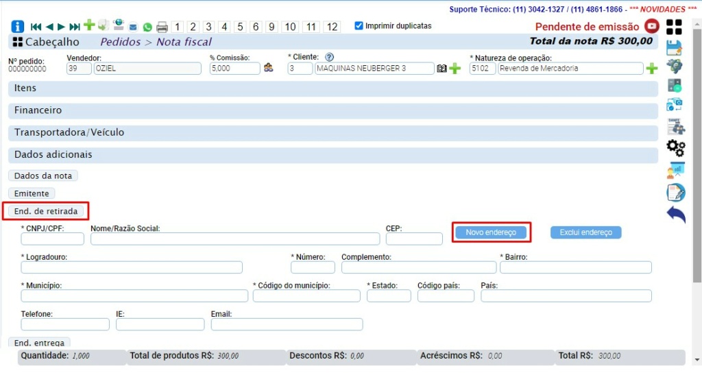 ATENDESMART: Utilização do  Endereço de Retirada na emissão de Nota Fiscal Eletrônica Scree481