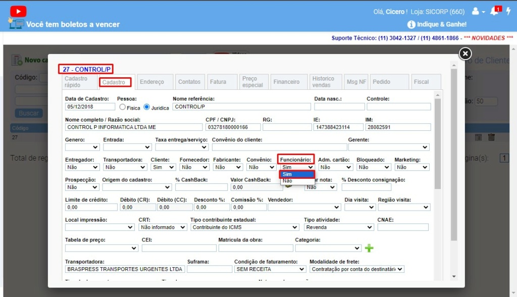 ATENDESMART: Cadastro de usuário para o cliente do cliente possa fazer Pedidos/Orçamentos para o nosso cliente Scree485