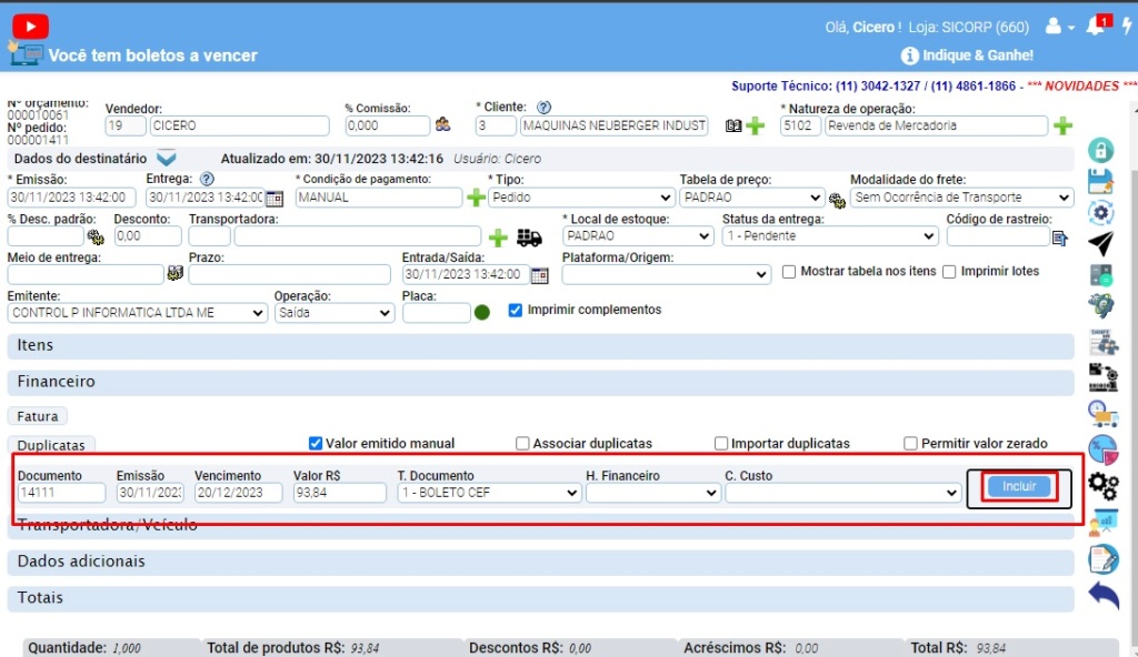 ATENDESMART: Procedimento para gerar Receita manualmente no PEDIDO/NOTA Scree508