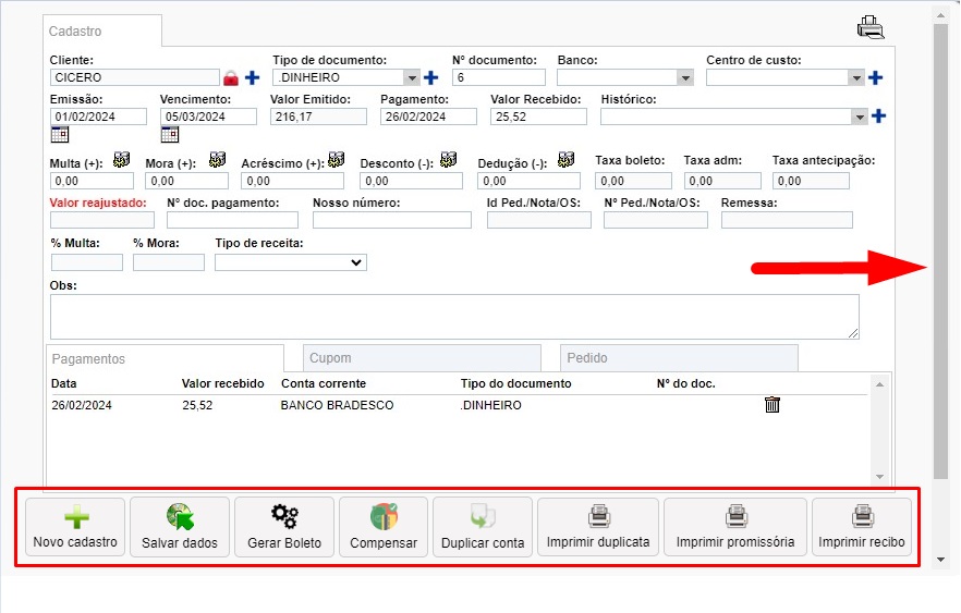 ATENDE SMART - Atualização 27/02/2024 - 3º Item - Mudança na posição e na aparencia dos botões do módulo RECEITAS do financeiro Scree512