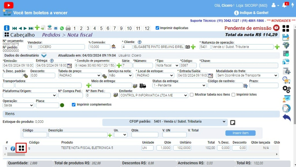 ATENDE SMART - Atualização 27/02/2024 - 7º Item - Nova ABA Calculo Tributações ao abrir item lançado Scree543