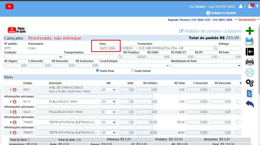 ATENDE SMART - Atualização 27/02/2024 - 22º Item - Mudança no estoque estorno de Pedido de Compra PROCESSADO mas PENDENTE de entrega Scree571